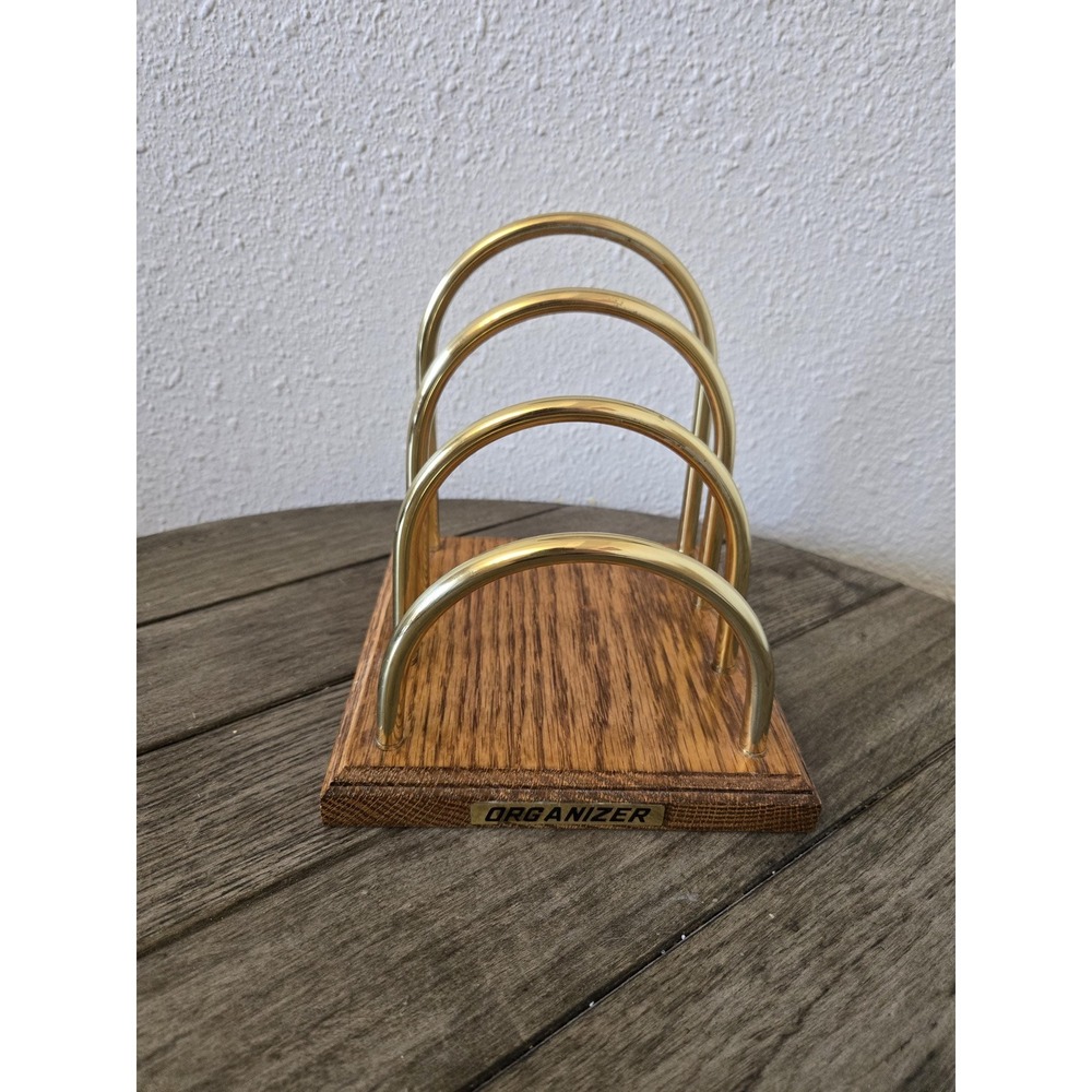 Vintage Gold & Wood Letter Holder Waterfall Desktop Office Organizer MCM Retro